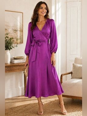 Ann Taylor NWT Neon Fuchsia Satin Wrap Midi Dress Style 603599 Sz 2